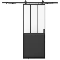 Vente-unique Schuifdeur in atelierstijl met wandbevestiging - Zwart en gehard matglas - H205 x L63 cm - ARTISTO II