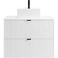 Vente-unique Hangend, geribbeld badkamermeubel met vierkante opzetwastafel - Wit - L80 cm - ZEVINI