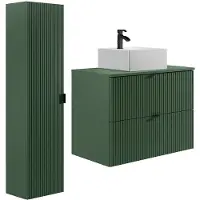 Vente-unique Zwevend badkmaermeubel geribbeld met vierkante opzet wastafel en kolomkast - Mat groen - 80 cm - ZEVINI