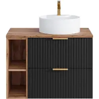 Vente-unique Hangend geribbeld badkamermeubel met nissen en ronde opbouwwastafel - Zwart en licht naturel - L80 cm - ZEVARA