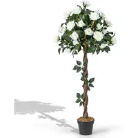 Costway Kunstboom met bloemen, 120 cm, kunstplant in pot, rozenboom met witte rozen en natuurlijke stam, kunstbloem voor thuis, kantoor, kamerplant, decoratieve plant