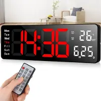 OKWISH Wandklokken LED Wandklok – Grote Digitale Klok Met Weekdag- En Temperatuurdisplay, Timerfunctie En Afstandsbediening – ABS – Zwart – 32×10,5 cm