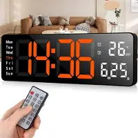 OKWISH Wandklokken Grote Digitale Wandklok – LED Klok Met Weekdag- En Temperatuurdisplay, Timerfunctie En Afstandsbediening – ABS – Zwart – 32×10,5 cm
