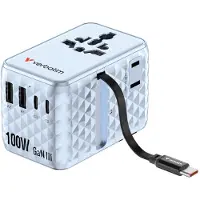 Verbatim Charge 'n' Travel 100W GaN III universele reisadapter met intrekbare USB-C kabel, 2 x USB-C, 2 x USB-A poorten Blauw