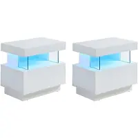 Vente-unique Set van 2 nachtkastjes met 1 lade en 1 nis - Met ledverlichting - MDF - Wit gelakt - FABIO II