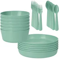 HEM 24-delig Serviesset 6 Persoons – Groen Kunststof – Picknickset – BPA-vrij & Vaatwasserbestendig – 6x Bord, 6x Kom, 6x Vork, 6x Lepel – Lichtgewicht Plastic Servies – Met Opbergzak