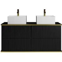 Vente-unique Hangmeubel voor badkamer met ribbels en goudkleurige rand met vierkante dubbele opbouwwastafel - Zwart - 120 cm - KELIZA
