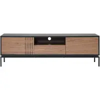 Vente-unique Tv-meubel met 2 deurtjes, 1 lade en 1 vak in notelaarfineer en metaal - Donkere houtlook en zwart - ZINORI