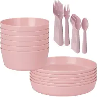 HEM 24-delig Serviesset 6 Persoons – Roze Kunststof – Picknickset – BPA-vrij & Vaatwasserbestendig – 6x Bord, 6x Kom, 6x Vork, 6x Lepel – Lichtgewicht Plastic Servies – Met Opbergzak