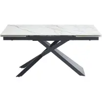 Vente-unique Uitschuifbare eettafel voor 6-10 personen in keramiek, gehard glas en metaal - Witte marmereffect en zwart - LUMIEL