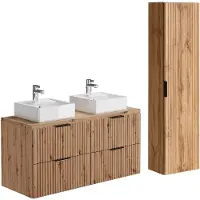 Vente-unique Licht naturel geribbeld badkamermeubel met opbouwwastafel en kolomkast - Licht naturel - 120 cm - ZEVARA