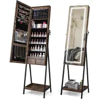 Costway Sieradenkast met plank, spiegelkast afsluitbaar met full-body spiegel, 3 gekleurde ledlampen en 2 laden, vrijstaande sieradenorganizer voor slaapkamer, woonkamer