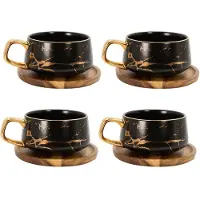 Intirilife 4x Kop keramiek met marmerdesign in Zwart - ongeveer 200 ml - Koffiemok, theemok met houten onderzetter Mok