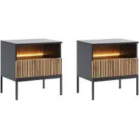 Vente-unique Set van 2 nachtkastjes met 1 lade en 1 nis - Met ledverlichting - Zwart en naturel - OVILA