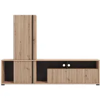 Vente-unique Tv-wand met 3 deurtjes en 3 vakken - Lichte houteffect en zwart - BELUTZY