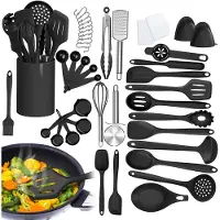 OKWISH Keukengerei-Sets – Complete Keukenset Met Anti-Aanbak Silicone Keukengerei, Ergonomisch Ontwerp Met Ophanghaakjes Voor Praktisch Gebruik – Zwart – Silicium