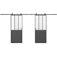 Vente-unique Dubbele schuifdeur in atelierstijl met wandbevestiging - Zwart MDF en gehard matglas - 2 x H205 x L63 cm - ARTISTO II