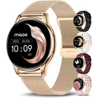 Maoo Ventura AMOLED Smartwatch Dames – RVS & 4 Siliconen Bandjes – Stappenteller, Hartslagmeter, Slaapmonitor, Multisport, Notificaties, Bellen, GPS, Android & iOS – Rosé Goud & Roze
