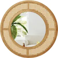 Costway Ronde wandspiegel rotan, diameter 65 cm, decoratieve spiegel met houten frame, aluminium glas en haken, decoratieve spiegel, wandmontage, modern, voor woonkamer, slaapkamer, entree, natuur