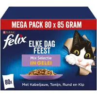 Felix Elke Dag Feest Mix Selectie met tonijn, kabeljauw, rund, kip in gelei natvoer kat 1 doos (80 stuks)