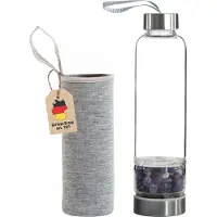 Intirilife waterfles met geneeskrachtige stenen en grijze tas - amethist - 400 ml - fles met edelstenen