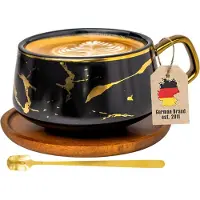 Intirilife Kop keramiek met marmerdesign in Zwart - ongeveer 200 ml - Koffiemok, theemok met houten onderzetter Mok