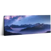 Wallfluent Foto Op Canvas Sterrenhemel boven de bergen - 125 x 50 cm - Blauw Schilderij Op Canvas - Landschappen Foto Canvas - Natuur Print Op Doek - Kunst Schilderij Canvas