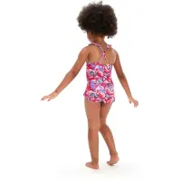 Speedo Een eendelig babypakje met dunne bandjes en franje, bedrukt om te leren zwemmen (Roze/paars)