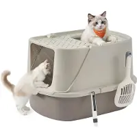 Feandrea Gesloten Kattenbak met Deksel en Schep, havervlokkenkleur + warm grijs