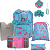 DERDIEDAS schooltas ErgoFlex Tiny Schulranzenset 5-delig Happy Pixel Lichtblauw