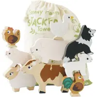 Le Toy Van Houten stapel speelgoed - - PL141 - 9 boerderijdieren - Katoenen tas - Beige