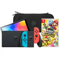 Nintendo Switch OLED Bleu/Rouge + Mario Party Jamboree + BlueBuilt Housse de Protection