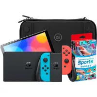 Nintendo Switch OLED Bleu/Rouge + Switch Sports + BlueBuilt Housse de Protection