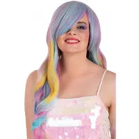 Partyxplosion Pruik Selena lang met krullen pastel regenboog met schuine pony