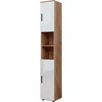 Vicco Irma Badkamerkast – 30 x 192 cm met deuren en open vakken Wit hoogglans/goud power eiken