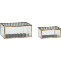 Hubsch Ripple glazen dozen, set van 2, glas, ijzer, messingkleurig, helder / transparant, Woon-/ Eetkamer, Glas