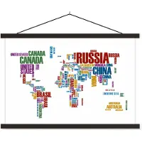 MuchoWow Wereldkaart gekleurde tekst schoolplaat platte latten zwart 90x60 cm - Foto print op textielposter (wanddecoratie woonkamer/slaapkamer)