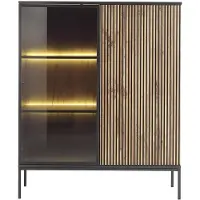 Vente-unique Vitrinekast met 2 deurtjes met ledverlichting van mdf en gerookt glas - Zwart en naturel - OVILA