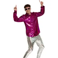 Partychimp Shiny Disco Shirt Fuchsia voor Heren Carnavalskleding Foute Party Verkleedkleding Volwassenen Heren Toppers 2026 - Disco- Shiny- Polyester - L