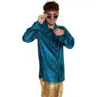 Partychimp Shiny Disco Shirt Turquoise voor Heren Carnavalskleding Foute Party Verkleedkleding Volwassenen Heren Toppers 2026 - Disco- Shiny- Polyester - XL
