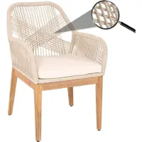 Mendler Tuinstoel -H56b, armleunstoel buitenstoel armleuning, weerbestendig touwvlechtwerk Touwhout acacia ~ beige kussen crème-wit