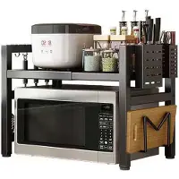 OKWISH Keuken Opbergrek - Uitschuifbaar Keukenrek - Verstelbaar Keuken Organizer - Keukenkast Rek met Haken - Koolstofstaal - Zwart