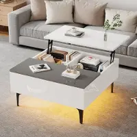 OKWISH Salontafel – Hoogteverstelbaar tot 48,5 cm – Met App-LED – Verborgen Dubbele Opbergruimte en Push-Pull Lade – Hoogglans MDF Wit+Grijs – 70x70x35 cm