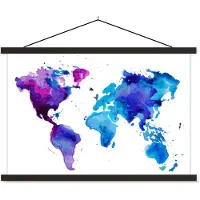 MuchoWow Wereldkaart aquarel blauw lila schoolplaat platte latten zwart 90x60 cm - Foto print op textielposter (wanddecoratie woonkamer/slaapkamer)