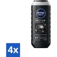 Nivea 4 x MEN - Douchegel - Active Clean - 250 ml - Douchegel - Reiniging - Houtskool - Mannelijke Geur - Huidverzorging