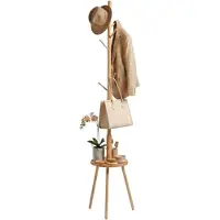 Mazazu Staande Kapstok Hout met Tafeltje - 8 Haken - Boomstam Design - Garderoberek voor Hal & Slaapkamer - Natuurlijk Bamboe Look - Incl. Opbergplateau – 32,5x32,5x184cm