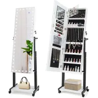 Costway Sieradenkast met wieltjes, 4-in-1 spiegelkast met 3-kleurige ledlampen en verstelbare hoogte, afsluitbaar met full-body spiegel en steunstang, 46 x 36 x 175 cm