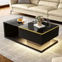 OKWISH Salontafel – Hoogglans Zwart – Met Gehard Glas – 90×50×32,5 cm – 1 Opbergvak & Open Legplanken – Dimbare LED 16 Kleuren (Bluetooth) – Spaanplaat
