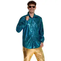 Partychimp Shiny Disco Shirt Turquoise voor Heren Carnavalskleding Foute Party Verkleedkleding Volwassenen Heren Toppers 2026- Disco- Shiny- Polyester - M