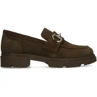 Manfield Bruine suède loafers met goudkleurig detail | Maat 42